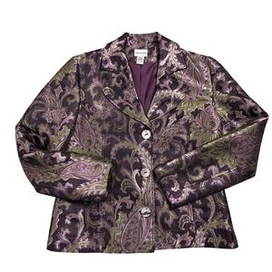 Chicos Paisley Brocade Blazer Jacket Purple Green Metallic Size Small EUC!